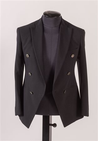 GIORGIO ARMANI Giacca in lana doppio petto sui toni del nero. Riporta taglia 48. 