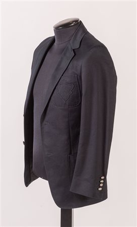 GUCCI Giacca in seta e cotone blu con grande logo con cavaliere ricamato...