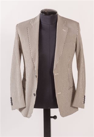 HERMÈS Giacca in cotone froissè a righe grigie e bianche. Riporta taglia 46....