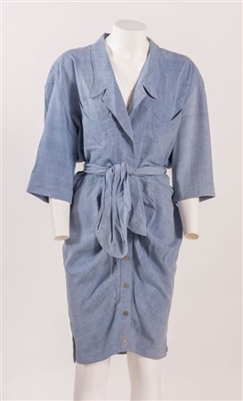 THIERRY MUGLER Abito in seta sui toni dell'azzurro con cintura coordinata e...