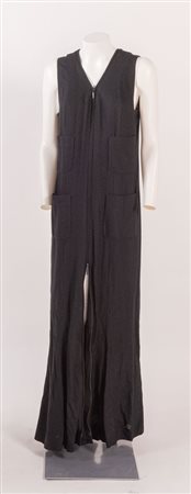CHANEL Abito lungo in cotone lavorato nero con apertura regolabile con zip in...