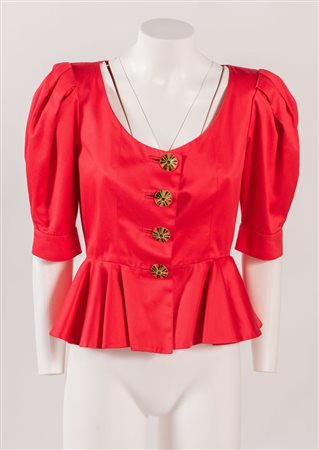YVES SAINT LAURENT Rive gauche Top a maniche corte in misto cotone rosso con...