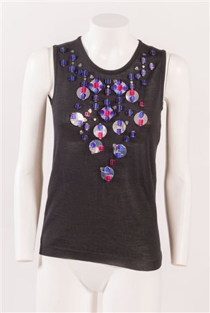 CHRISTIAN DIOR Canottiera in lana e seta nera decorata con cristallli e...