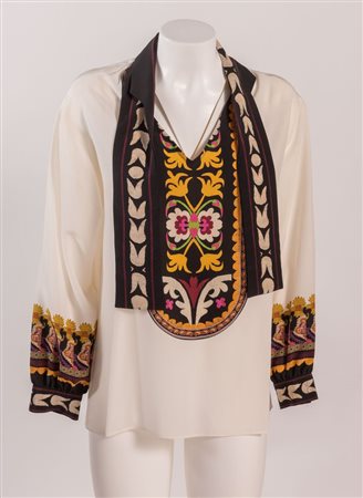 ETRO Camicetta in seta bianca con motivo floreale multicolore nel colletto e...