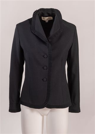 ADOLPH SCHUMAN for Lilly Ann Giacca nera in seta con bordi e colletto...