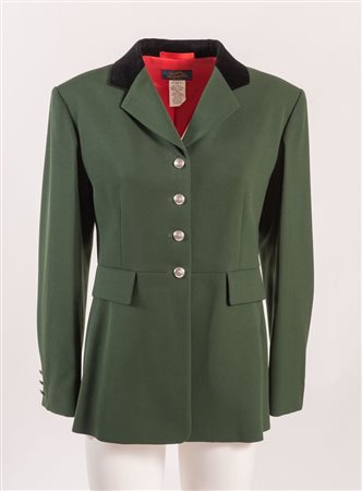 HERMÈS Giacca in lana verde con colletto in velluto nero e bottoni in metallo...