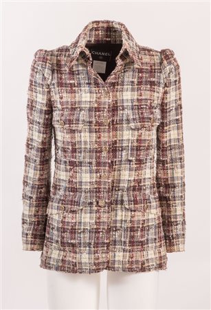 CHANEL Giacca in tessuto tweed bouclè multicolore. Bottoni e dettaglio a...