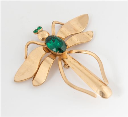 CORO Spilla a forma di libellula arricchita con pietre vitree verdi. Anni...