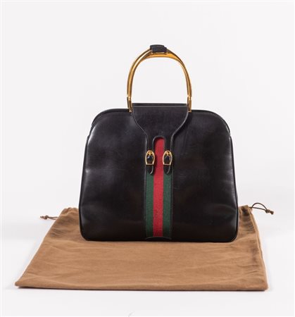 GUCCI Borsa a mano in pelle liscia nera con dettaglio Gucci Web centrale e...