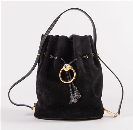GUCCI Borsa da spalla in camoscio nero con rifiniture in pelle e dettagli in...