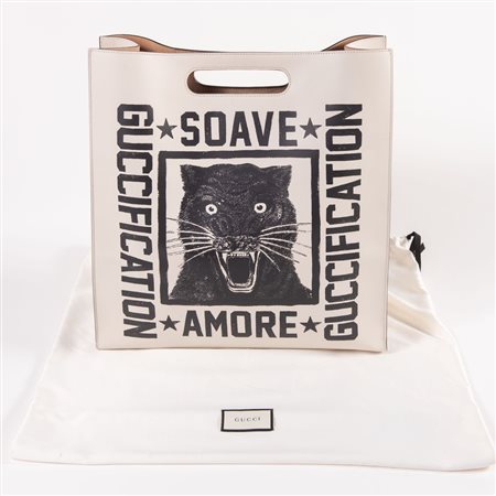 GUCCI Borsa in pelle bianca con stampa a volto di pantera. Collezione...