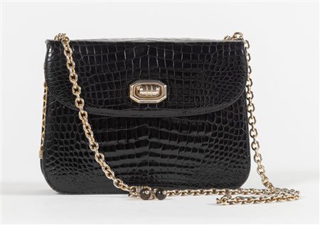 GUCCI Borsa da spalla in pelle di coccodrillo nera con manico a catena e...