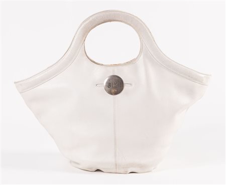 BIKI Borsa in pelle bianca con dettaglio del logo in metallo argento. Anni...