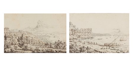 Antonio Senape (Roma 1788-Napoli 1850)  - Coppia di vedute con la baia di Napoli
