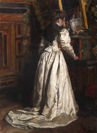 Carl Müller (Darmstadt 1818-Bad Neuenahr 1893)  - Giovane donna in interno in abito bianco