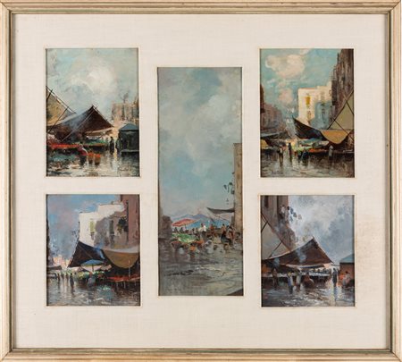 Oscar Ricciardi (Napoli 1864-1935)  - Cinque scene di mercato a Napoli montate in un'unica cornice