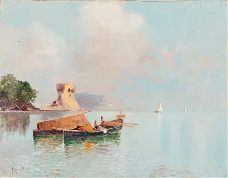Oscar Ricciardi (Napoli 1864-1935)  - Marina con pescatori