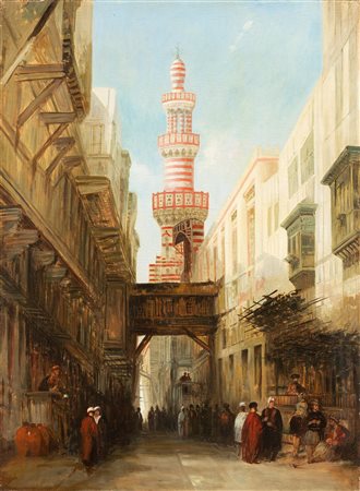 Scuola europea del XIX secolo - Scena orientalista con minareto sullo sfondo