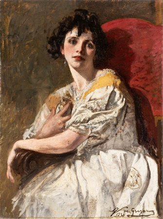 Francesco De Gregorio (Ercolano 1862-Napoli 1939)  - Ritratto di giovane donna con abito bianco, 1926