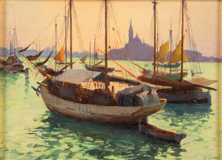 Stefano Novo (Cavarzere 1862-1947)  - Barche in laguna