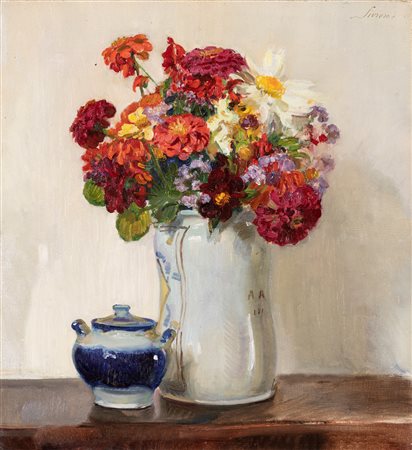 Carlo Siviero (Napoli 1882-Capri 1953)  - Natura morta con vaso di dalie e potiche