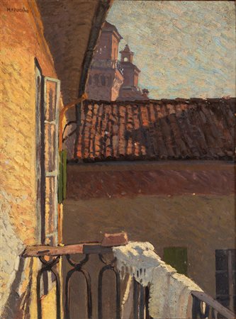 Attribuito a Mario Puccini (Livorno 1869 - Firenze 1920) - Il Castello Estense di Ferrara dal terrazzino di casa Righini