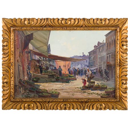 GIUSEPPE GHEDUZZI, Piazza con mercato, Olio su tela