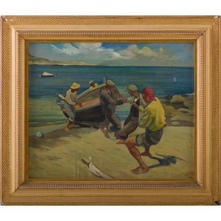 ALFONSO AMORELLI, Ritorno dalla pesca, Olio su compensato