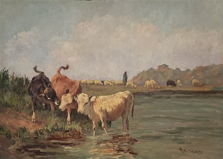 MENICHETTI MARIO Livorno (Li) 1889 Bovini al pascolo Olio su tavola...