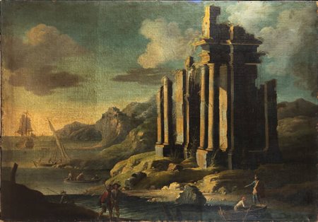 PITTORE ANONIMO<BR>"Rovine antiche con figure" XVII secolo