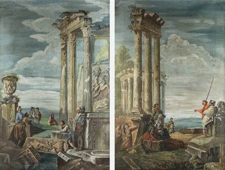PITTORE ANONIMO DEL XVIII SECOLO<BR>"Coppia di vedute con rovine e figure"