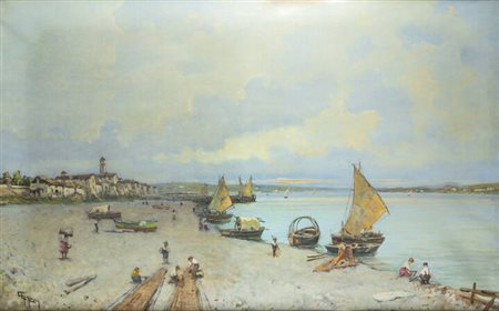 LORENZO GIGNOUS<BR>Modena 1862 - 1958 Porto Ceresio (VA)<BR>"Spiaggia lacustre con pescatori"