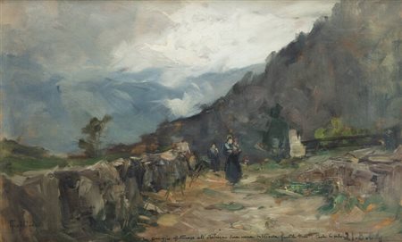 CARLO FOLLINI<BR>Domodossola (NO) 1848 - 1938 Pegli (GE)<BR>"Stradina con figure" 21/08/1904