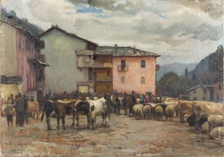GIULIO BOETTO<BR>Torino 1894 - 1967<BR>"Fiera bovina a Paesana" 1928
