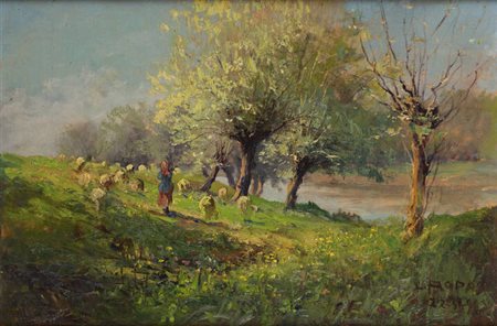 LEONARDO RODA<BR>Racconigi (CN) 1868 - 1933<BR>"Paesaggio con pastorella e pecore"