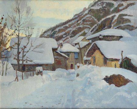 GIUSEPPE SOBRILE<BR>Torino 1879 - 1956 Forno Alpi Graie (TO)<BR>"Nevicata a Forno Alpi Graie" 1935