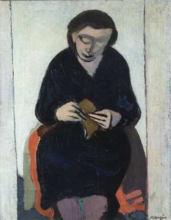 FRANCESCO MENZIO<BR>Tempio Pausania (SS) 1899 - 1979 Torino<BR>"Donna che fa la calza" ante 1951