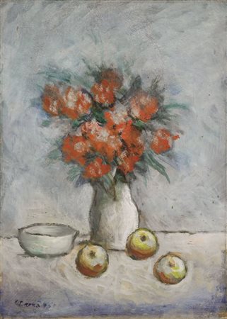 Carlo Carrà Quargnento (Al) 1881 - Milano 1966 Fiori e frutti, 1965 Olio su...