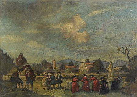 DIPINTO VEDUTA DI CITTÁ CON PRETINI DI NINO CAFFÈ