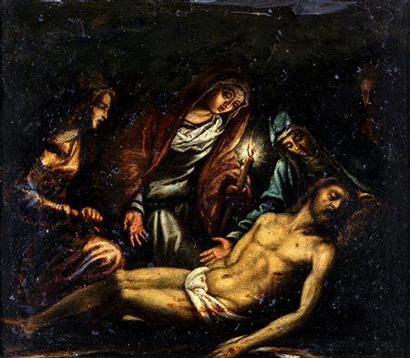 Jacopo da Ponte detto Jacopo da Bassano (cerchia di) (Bassano del Grappa, 1510 - Bassano del Grappa, 1592) 
Compianto sul Cristo morto 
Olio su rame cm 22x24 - in cornice: 31x34