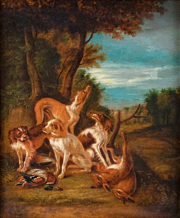 Adriaen  De Gryff (Leida, 1657 - Bruxelles, 1722) 
Cani da caccia e selvaggina 
Olio su tavola cm 31x26 - in cornice cm 45x40