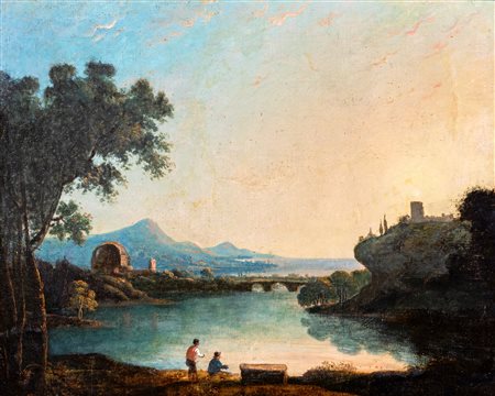 Pittore del XIX secolo ( - ) 
Paesaggio con pescatori e ponte romano in lontananza 
olio su tela cm 63x75