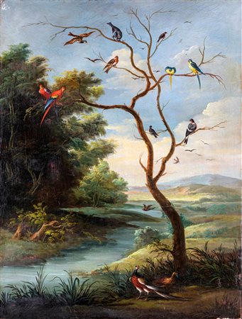 Scuola fiamminga del XVIII secolo ( - ) 
Paesaggio fluviale con albero e volatili 
Olio su tela cm 85x65