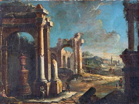 Scuola Romana del XVIII secolo ( - ) 
Capriccio con architetture classiche e figure 
Olio su tela cm 43x58 - in cornice: 73x88