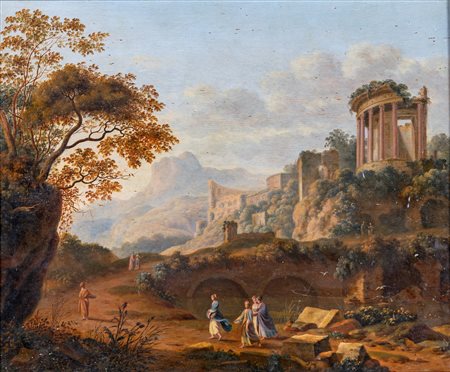Scuola francese del XVIII secolo (0 - 0) 
Veduta di paesaggio con tempio 
Olio su tavola cm 34x41 - in cornice: 42x48