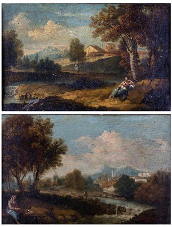 Scuola Romana del XVII secolo ( - ) 
Coppia di paesaggi 
olio su tela cm 29x45 - in cornice: 47x63