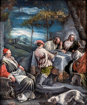 Jacopo Bassano (attribuito a) (Bassano del Grappa , 1515 - Bassano del Grappa, 1592) 
Cena in Emmaus 
Olio su tela cm 72x60 - in cornice: 94x82
