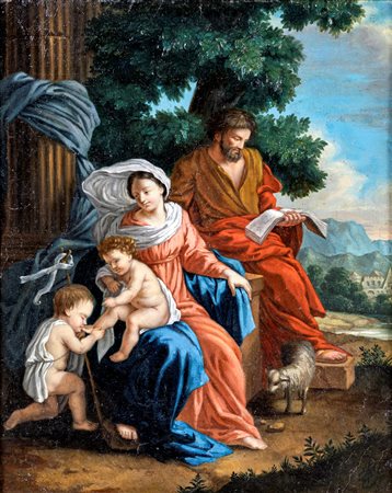 Pittore romano del XVII secolo ( - ) 
Sacra Famiglia con san Giovannino 
Olio su tavola cm 43x34 - in cornice: cm 54x46