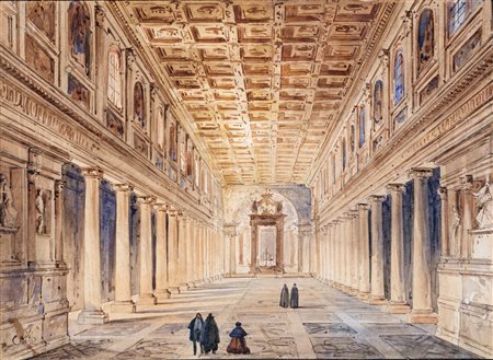 Ippolito Caffi (Belluno, 1809 - Mare Adriatico, 1866) 
Veduta dell'interno della Basilica di Santa Maria Maggiore 
acquerelli su carta  cm 20x27 - in cornice: 37x48