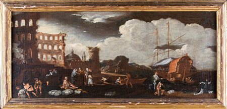 Matteo Ghidoni detto Matteo dei Pitocchi (Firenze , 1626 - Padova, 1700) 
Veduta con uomini a lavoro con il trasporto di merce 
olio su tela cm 33x77 - in cornice: 42x87